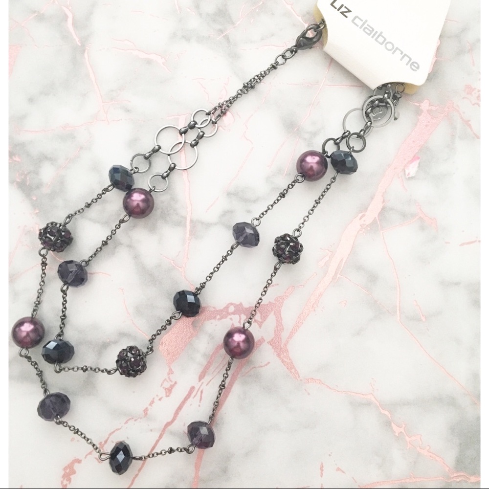 Liz Claiborne Bead Strands Necklace Purple Black
